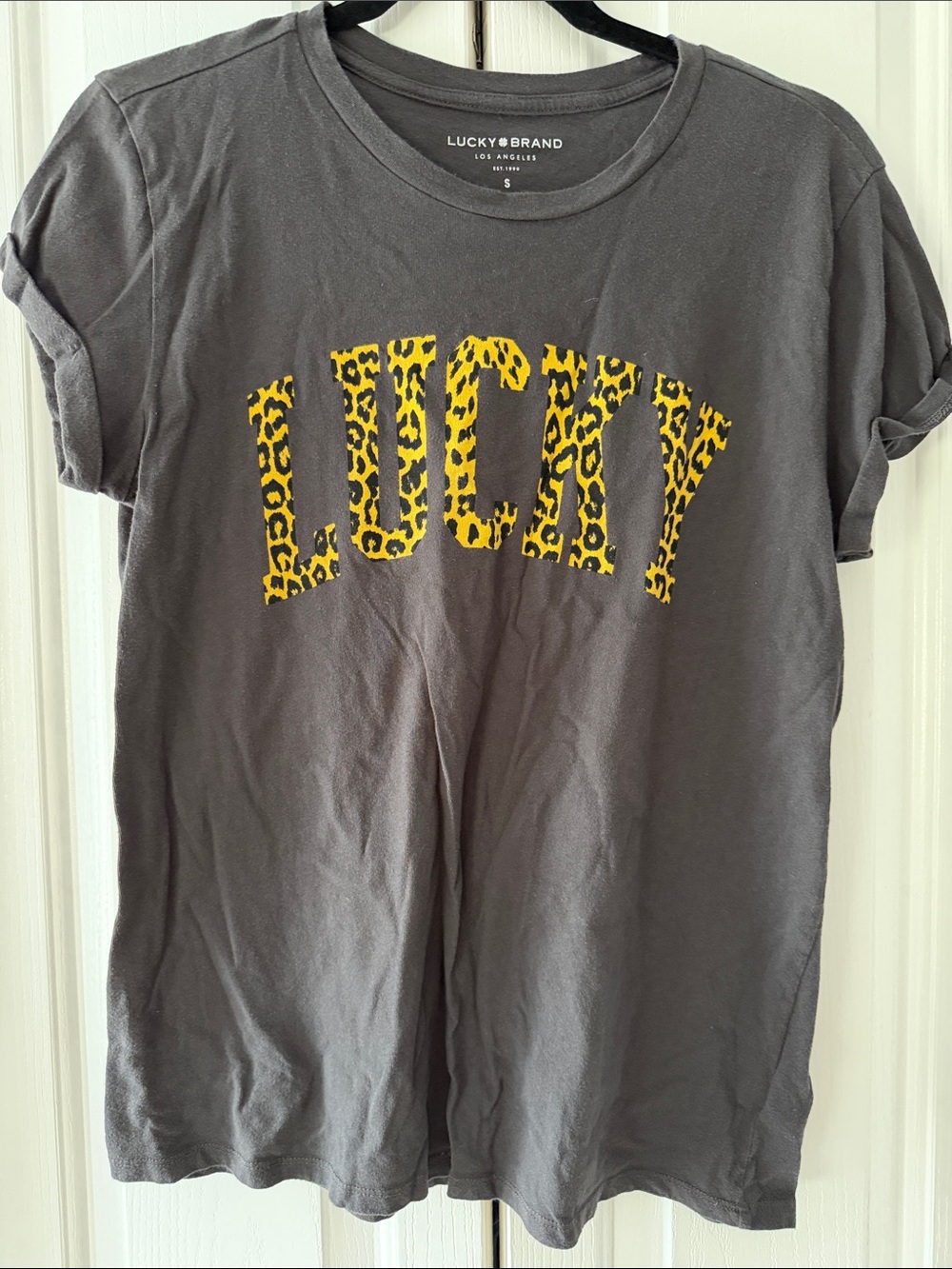 Lucky Brand Charcoal Tee with Yellow Leopard Logo